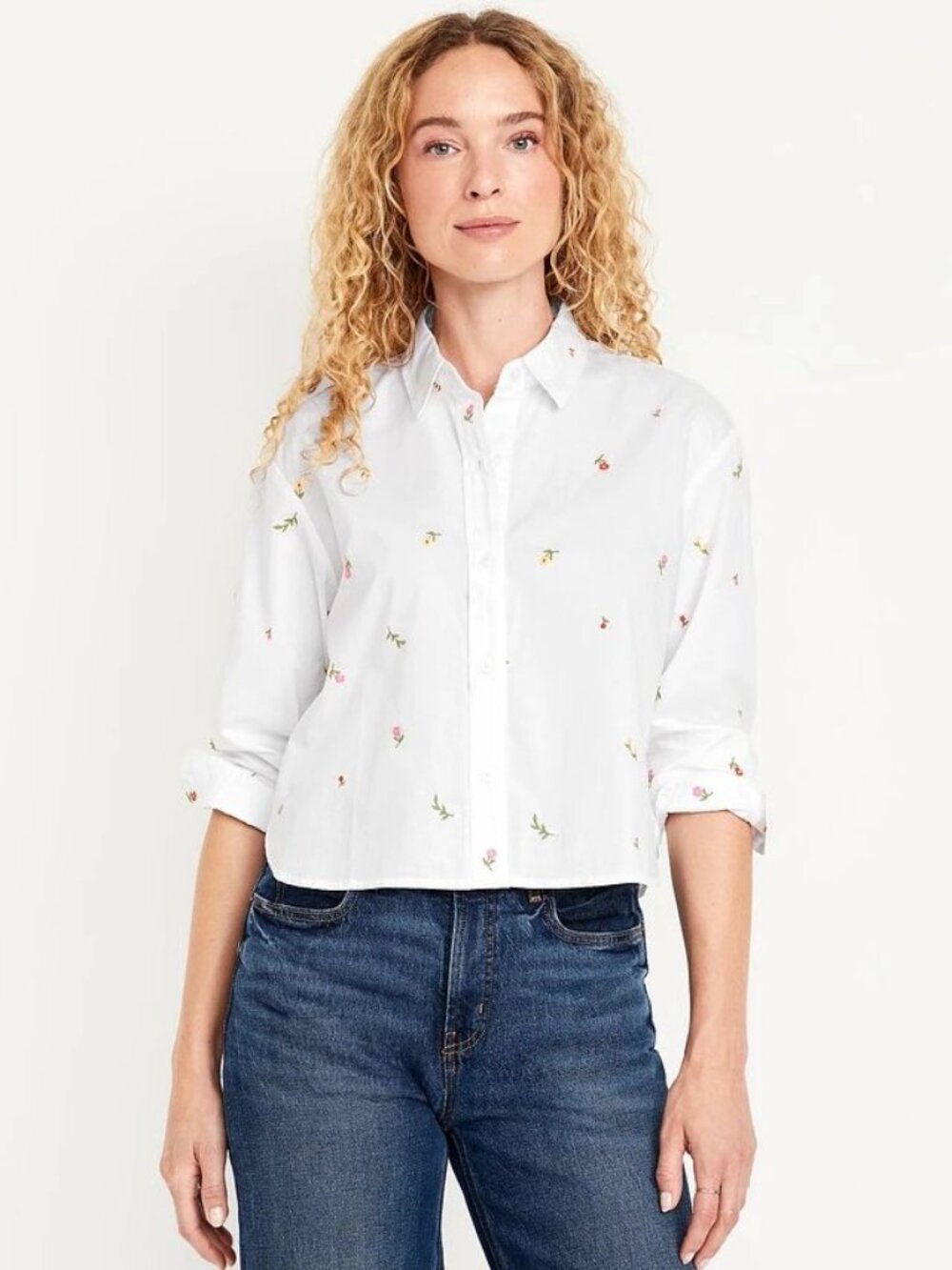 NWT Old Navy The Cropped Shirt M Tall Calla Lily Floral Embroidered